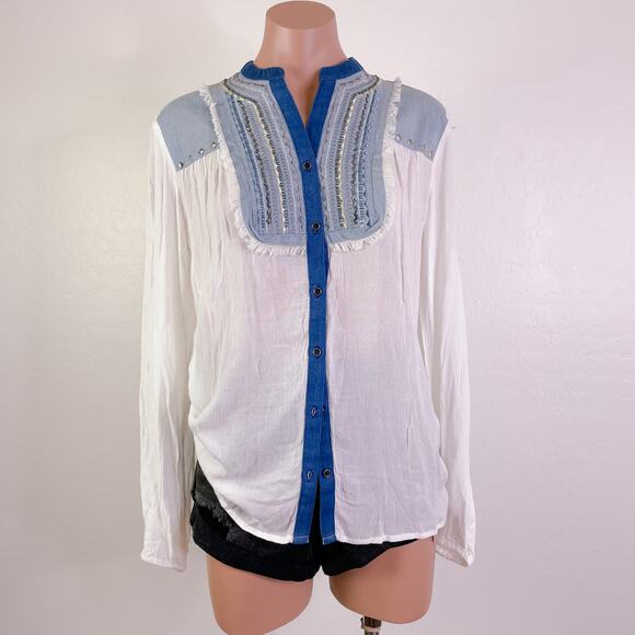 Desigual Western Rodeo Country Gauze Denim Fringe Sleeve Boho Top White S NWT - Picture 3 of 11